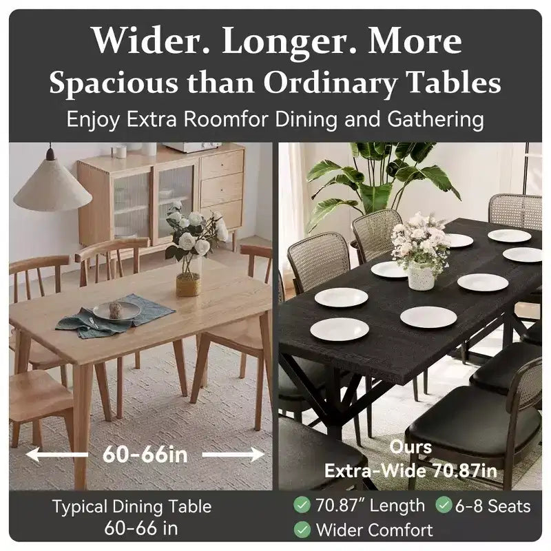 70.8 Farmhouse Dining Table for 6-8 People, Rustic Rectangular Solid Wood Kitchen Table with Metal X-Legs, Water-Resistant & Easy Assembly