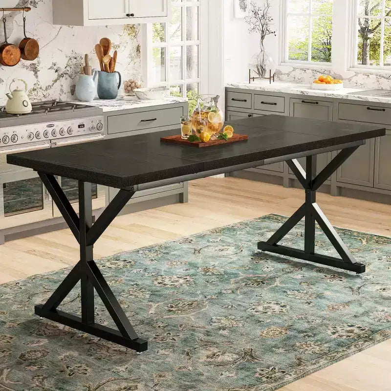 70.8 Farmhouse Dining Table for 6-8 People, Rustic Rectangular Solid Wood Kitchen Table with Metal X-Legs, Water-Resistant & Easy Assembly