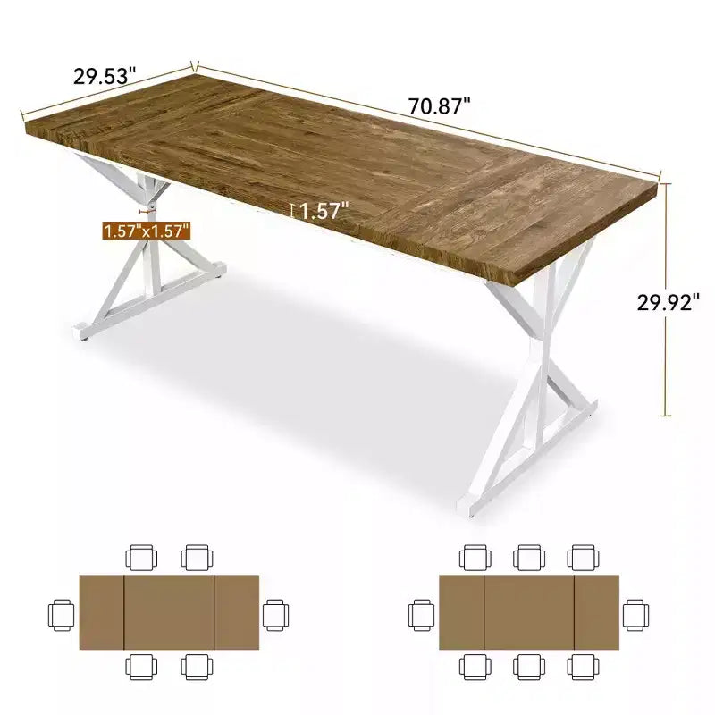 70.8 Farmhouse Dining Table for 6-8 People, Rustic Rectangular Solid Wood Kitchen Table with Metal X-Legs, Water-Resistant & Easy Assembly