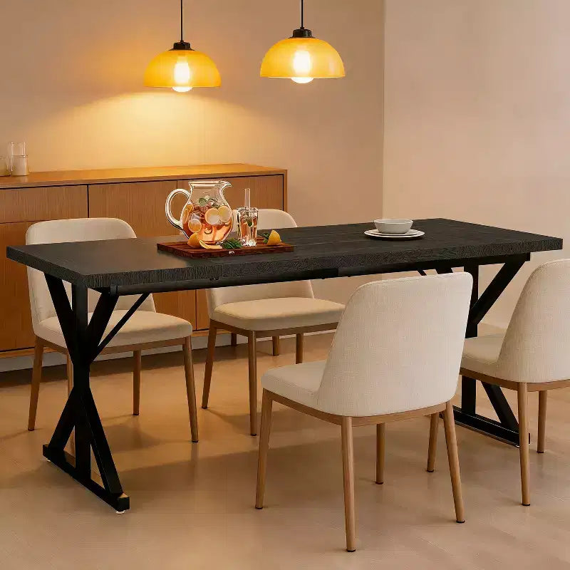 Dyonery 70.8 Farmhouse Dining Table for 6-8 People, Rustic Rectangular Solid Wood Kitchen Table with Metal X-Legs, Water-Resistant & Easy Assembly