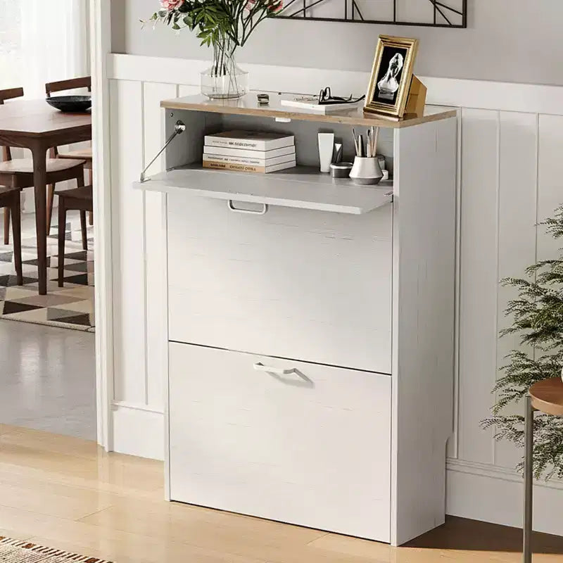 Karl Home Hidden Shoe Cabinet With 3 Flip Drop-Down Door White & Oak