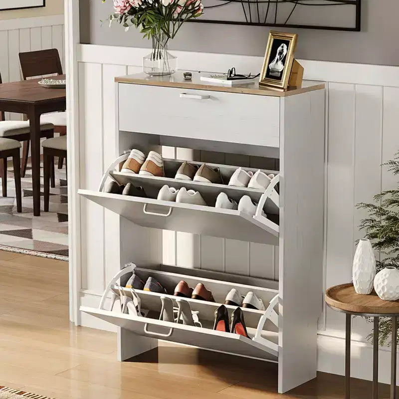 Hidden Shoe Cabinet With 3 Flip Drop-Down Door White & Oak