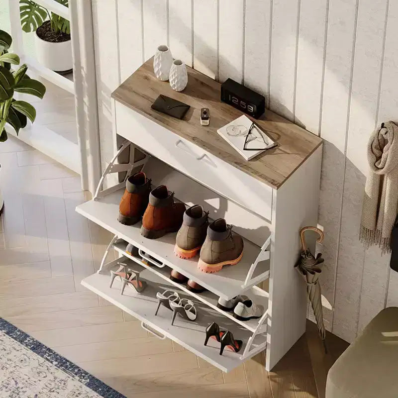 Hidden Shoe Cabinet With 3 Flip Drop-Down Door White & Oak