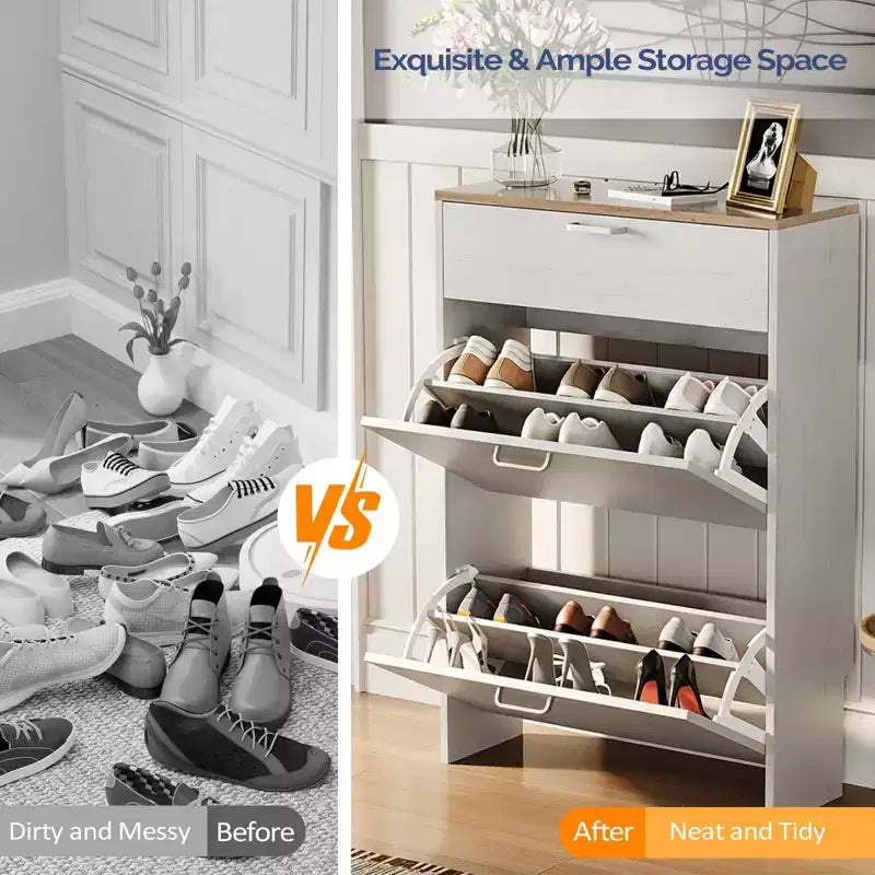 Hidden Shoe Cabinet With 3 Flip Drop-Down Door White & Oak