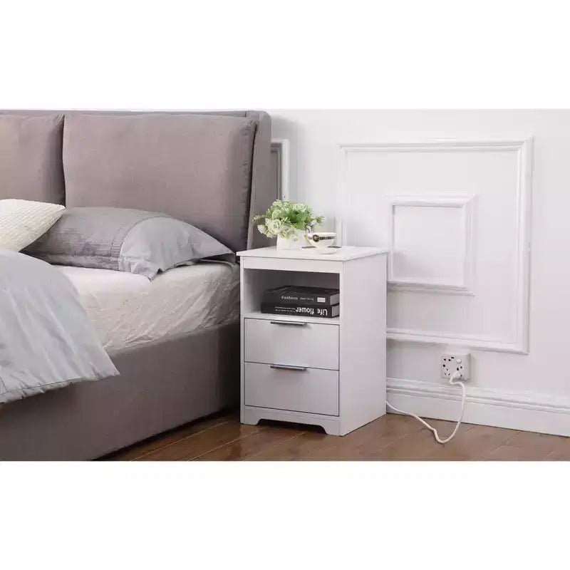 Nightstand with Charging Station,End Table with 2 Drawers,Wooden End Table with Drawer and Opening.