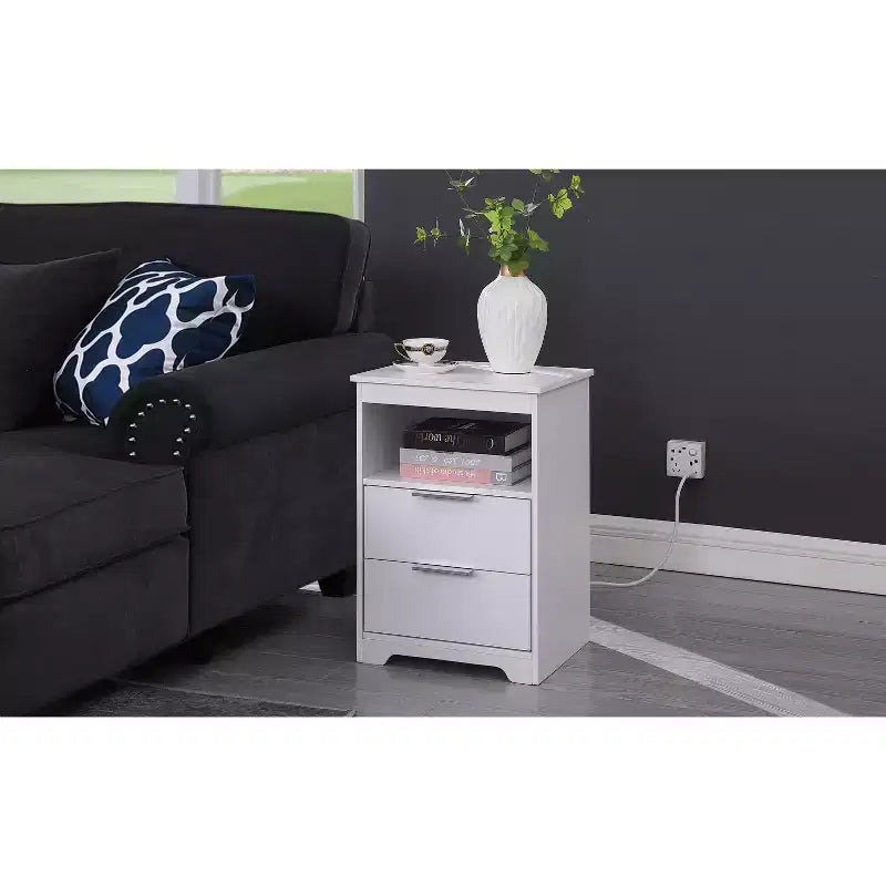 Nightstand with Charging Station,End Table with 2 Drawers,Wooden End Table with Drawer and Opening.
