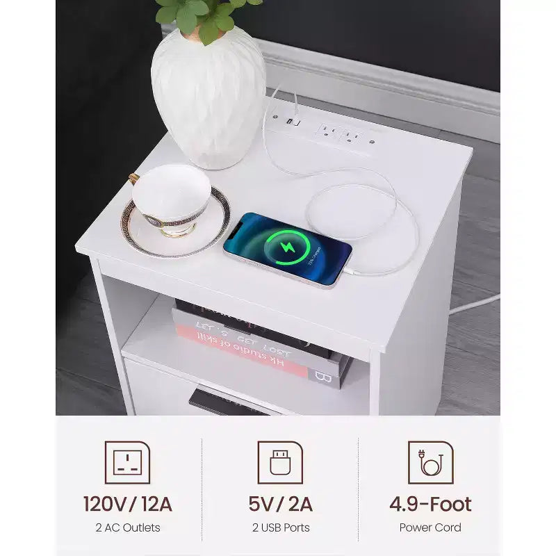 Nightstand with Charging Station,End Table with 2 Drawers,Wooden End Table with Drawer and Opening.