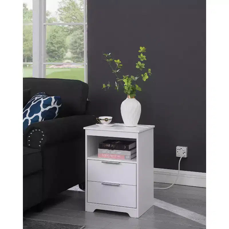 Nightstand with Charging Station,End Table with 2 Drawers,Wooden End Table with Drawer and Opening.