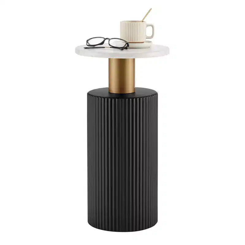 . Fritz Round Midcentury Modern Column Side Accent Table Faux Marble Laminate Tabletop White/Black