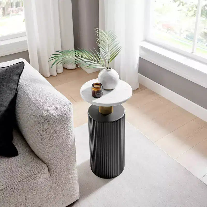 . Fritz Round Midcentury Modern Column Side Accent Table Faux Marble Laminate Tabletop White/Black