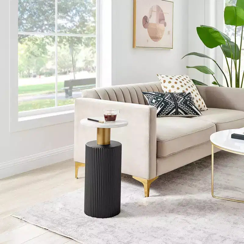. Fritz Round Midcentury Modern Column Side Accent Table Faux Marble Laminate Tabletop White/Black