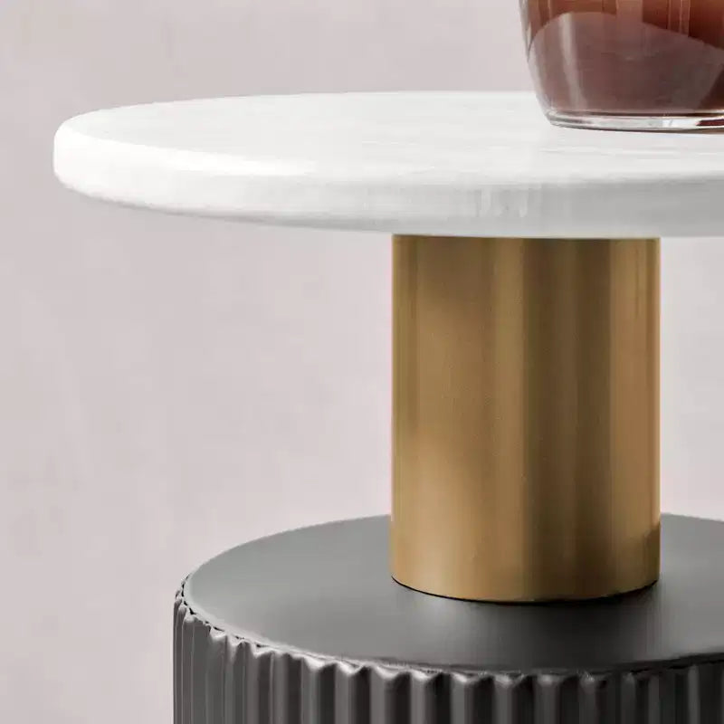 . Fritz Round Midcentury Modern Column Side Accent Table Faux Marble Laminate Tabletop White/Black