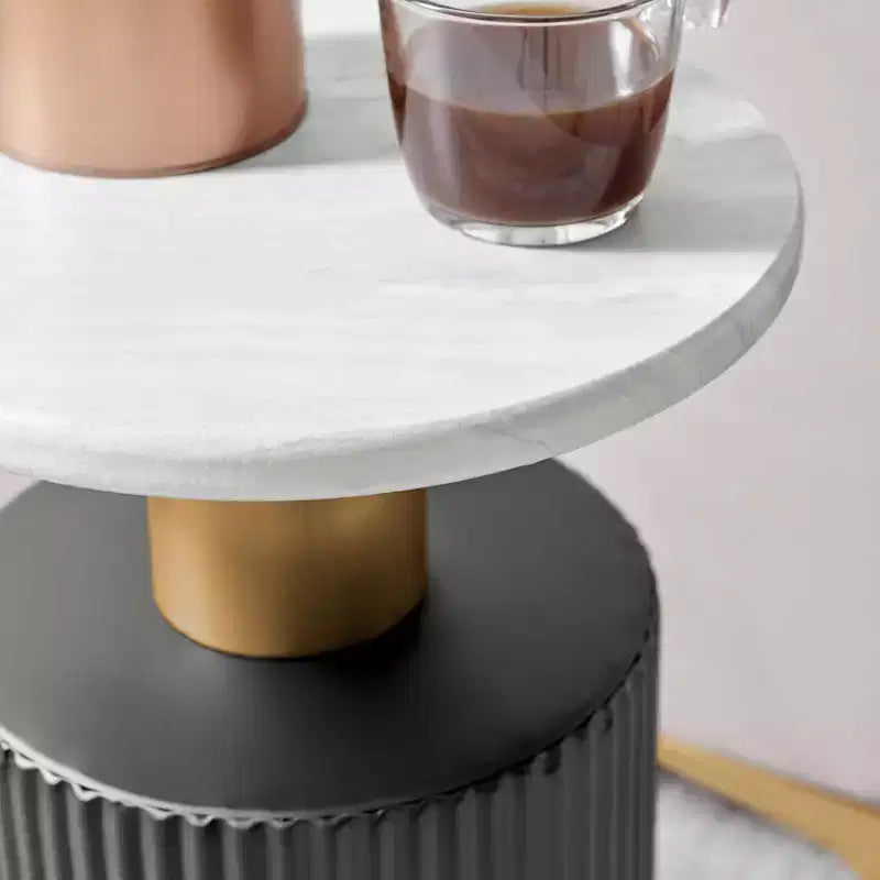 . Fritz Round Midcentury Modern Column Side Accent Table Faux Marble Laminate Tabletop White/Black
