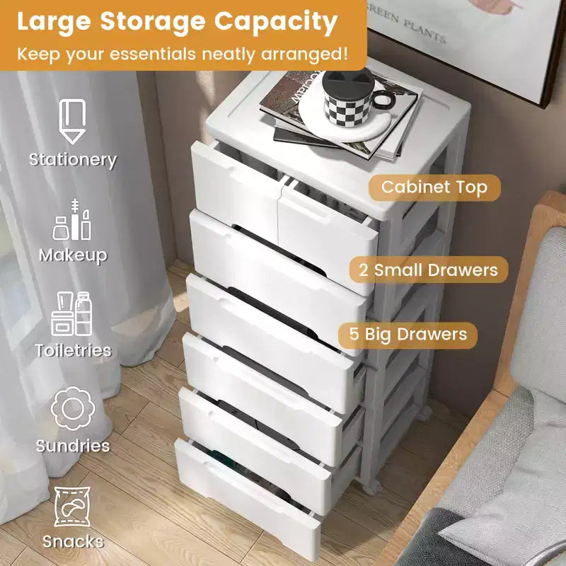 1/2 PCS 7-Drawer Plastic Rolling Storage Cart with 4 Universal Wheels Dresser Cabinet