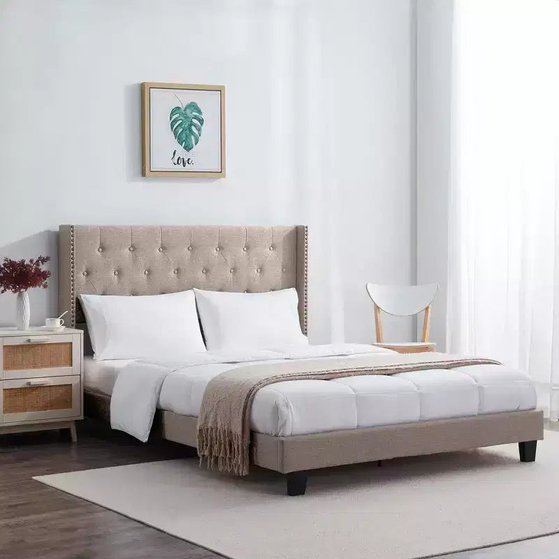 Wingback Diamond Upholstered Platform Bed, Wingback Bed Frame with Headboard