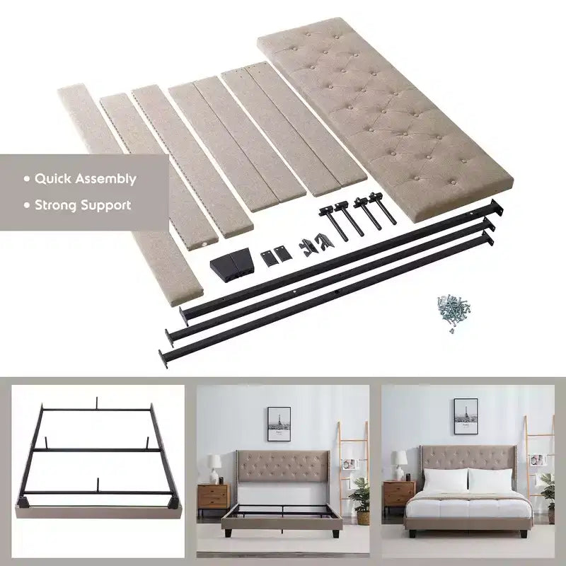 Wingback Diamond Upholstered Platform Bed, Wingback Bed Frame with Headboard