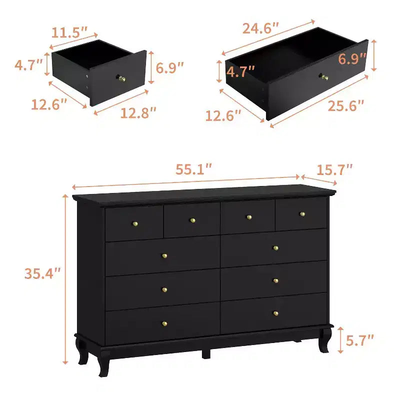 10-Drawer Black Paint Finish Dresser Chest of Drawers Cabinet