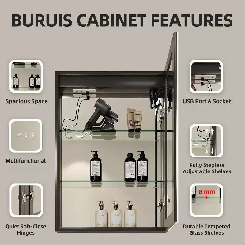 Medicine Cabinet with Mirrors and Lights, Recess/Wall Mount Bathroom Cabinet, 3 Mode Light, Dimmable, Defogger, Black