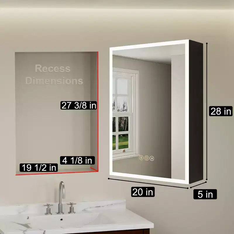 Medicine Cabinet with Mirrors and Lights, Recess/Wall Mount Bathroom Cabinet, 3 Mode Light, Dimmable, Defogger, Black