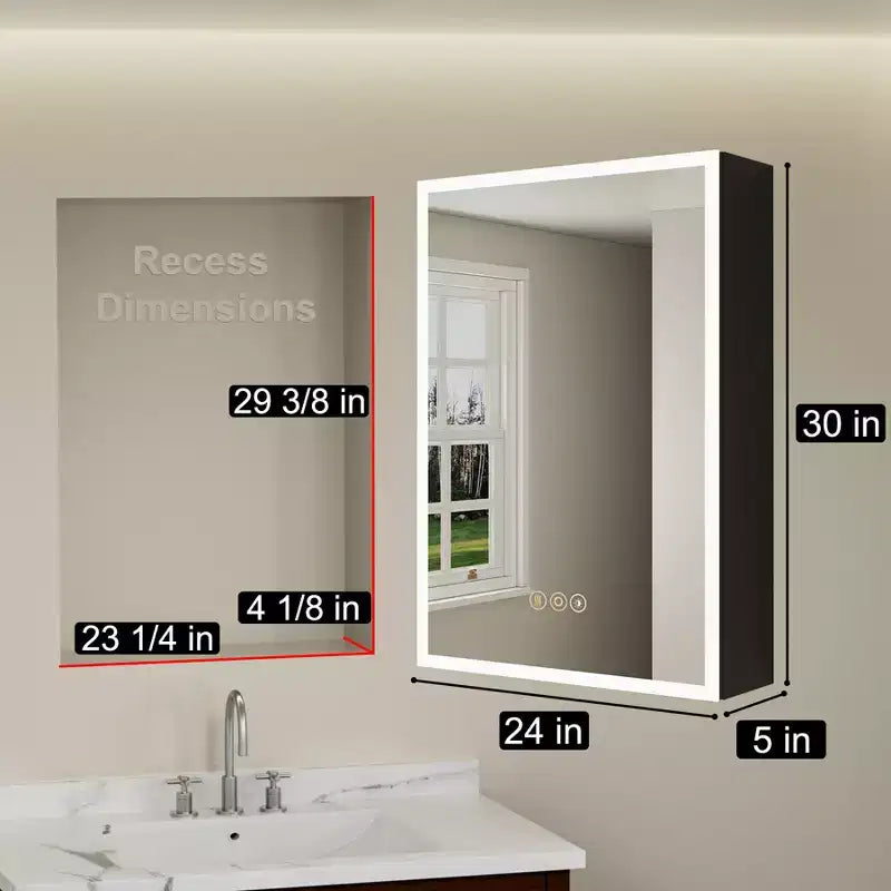 Medicine Cabinet with Mirrors and Lights, Recess/Wall Mount Bathroom Cabinet, 3 Mode Light, Dimmable, Defogger, Black