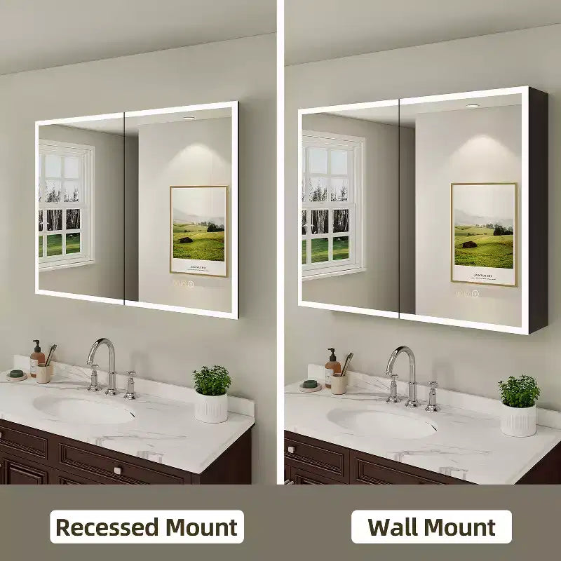 Medicine Cabinet with Mirrors and Lights, Recess/Wall Mount Bathroom Cabinet, 3 Mode Light, Dimmable, Defogger, Black