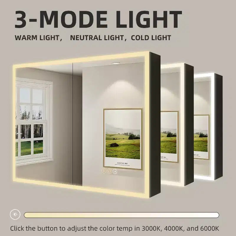 Medicine Cabinet with Mirrors and Lights, Recess/Wall Mount Bathroom Cabinet, 3 Mode Light, Dimmable, Defogger, Black