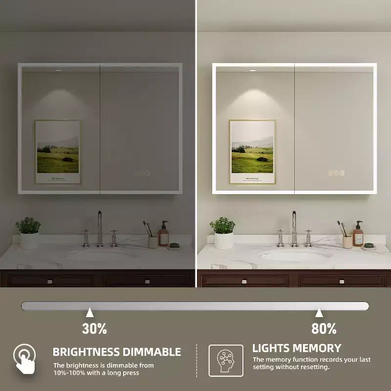 Medicine Cabinet with Mirrors and Lights, Recess/Wall Mount Bathroom Cabinet, 3 Mode Light, Dimmable, Defogger, Black