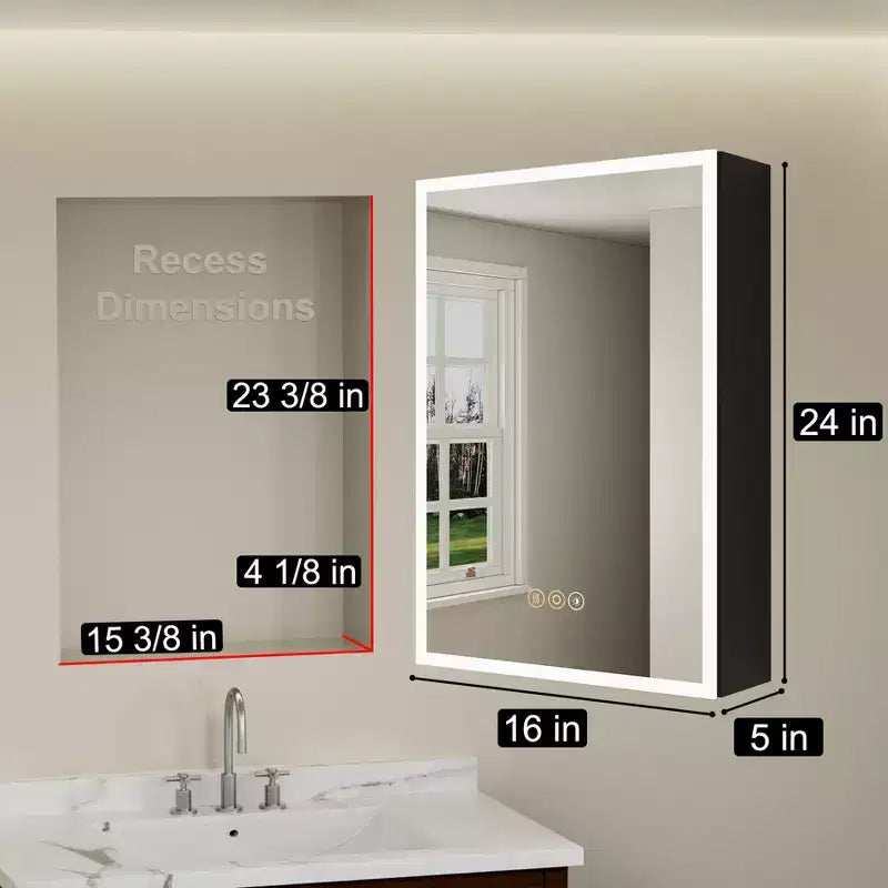 Medicine Cabinet with Mirrors and Lights, Recess/Wall Mount Bathroom Cabinet, 3 Mode Light, Dimmable, Defogger, Black