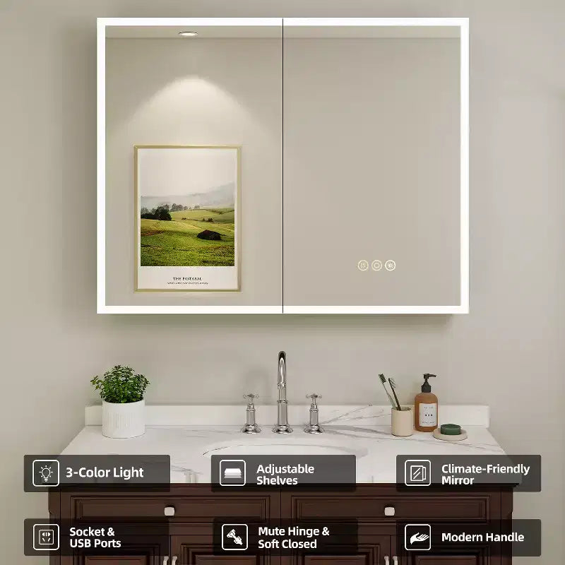 Medicine Cabinet with Mirrors and Lights, Recess/Wall Mount Bathroom Cabinet, 3 Mode Light, Dimmable, Defogger, Black