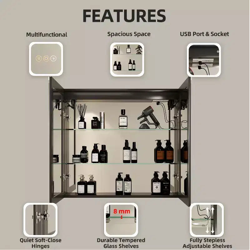 Medicine Cabinet with Mirrors and Lights, Recess/Wall Mount Bathroom Cabinet, 3 Mode Light, Dimmable, Defogger, Black