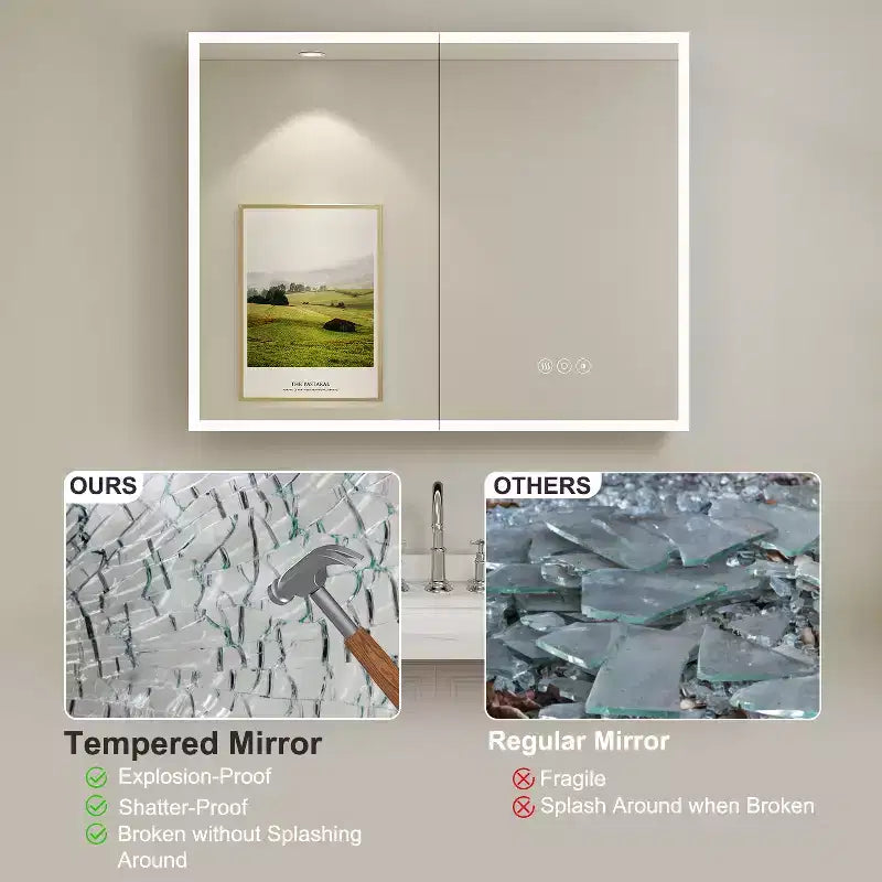 Medicine Cabinet with Mirrors and Lights, Recess/Wall Mount Bathroom Cabinet, 3 Mode Light, Dimmable, Defogger, Black