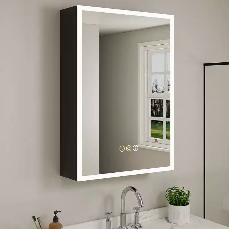 HBEZON Medicine Cabinet with Mirrors and Lights, Recess/Wall Mount Bathroom Cabinet, 3 Mode Light, Dimmable, Defogger, Black
