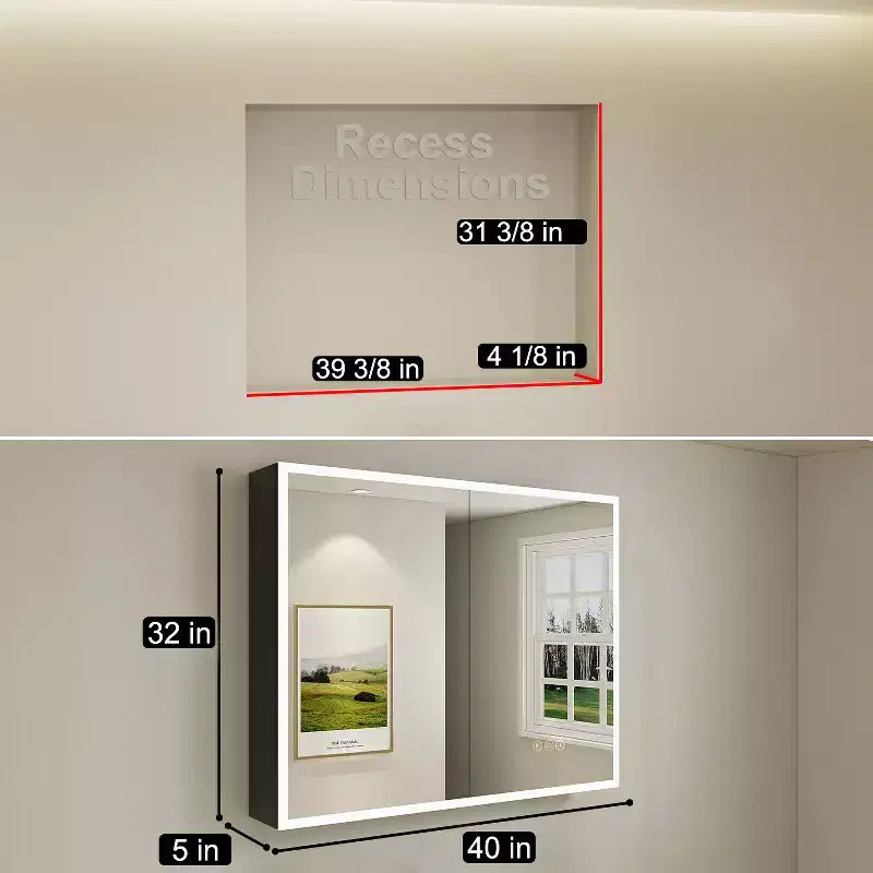 Medicine Cabinet with Mirrors and Lights, Recess/Wall Mount Bathroom Cabinet, 3 Mode Light, Dimmable, Defogger, Black