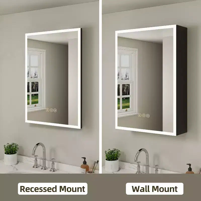 Medicine Cabinet with Mirrors and Lights, Recess/Wall Mount Bathroom Cabinet, 3 Mode Light, Dimmable, Defogger, Black