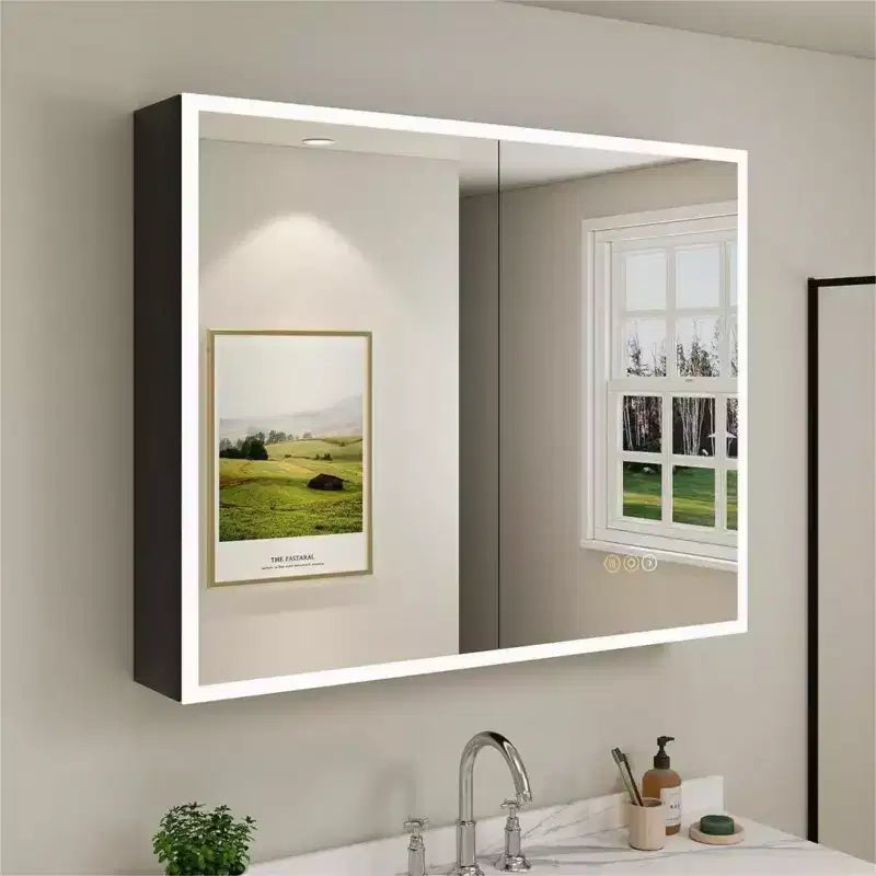 Medicine Cabinet with Mirrors and Lights, Recess/Wall Mount Bathroom Cabinet, 3 Mode Light, Dimmable, Defogger, Black