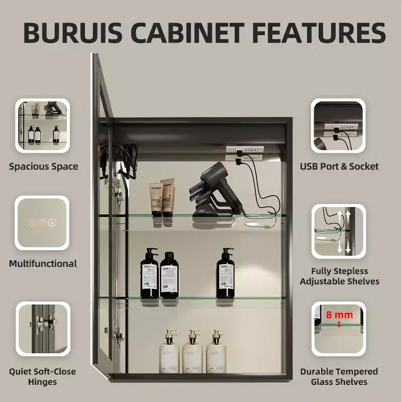 Medicine Cabinet with Mirrors and Lights, Recess/Wall Mount Bathroom Cabinet, 3 Mode Light, Dimmable, Defogger, Black