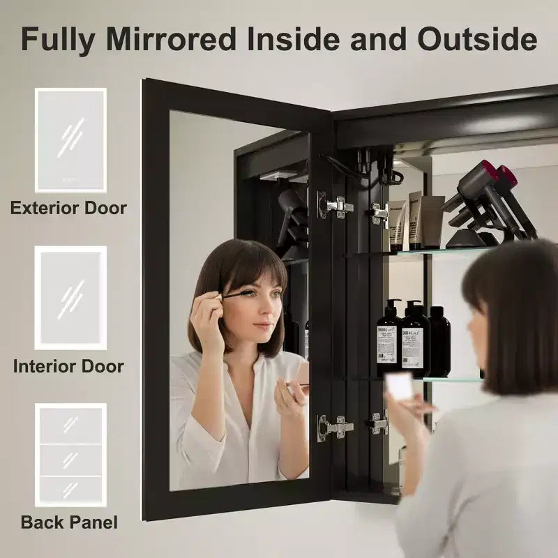 Medicine Cabinet with Mirrors and Lights, Recess/Wall Mount Bathroom Cabinet, 3 Mode Light, Dimmable, Defogger, Black