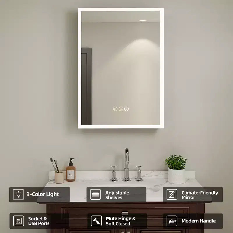 Medicine Cabinet with Mirrors and Lights, Recess/Wall Mount Bathroom Cabinet, 3 Mode Light, Dimmable, Defogger, Black