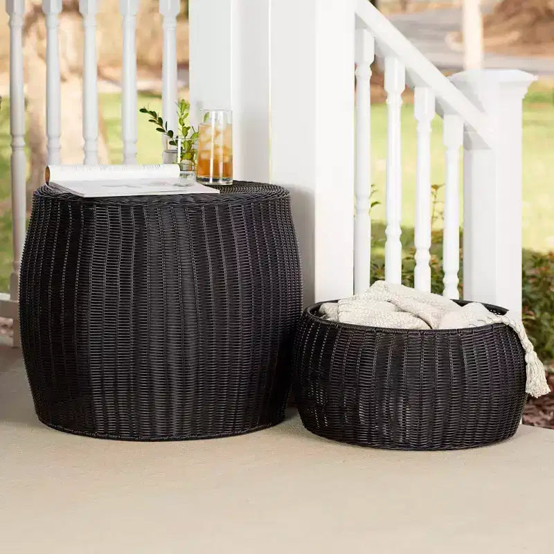 Handwoven Barrel Side Table, Black