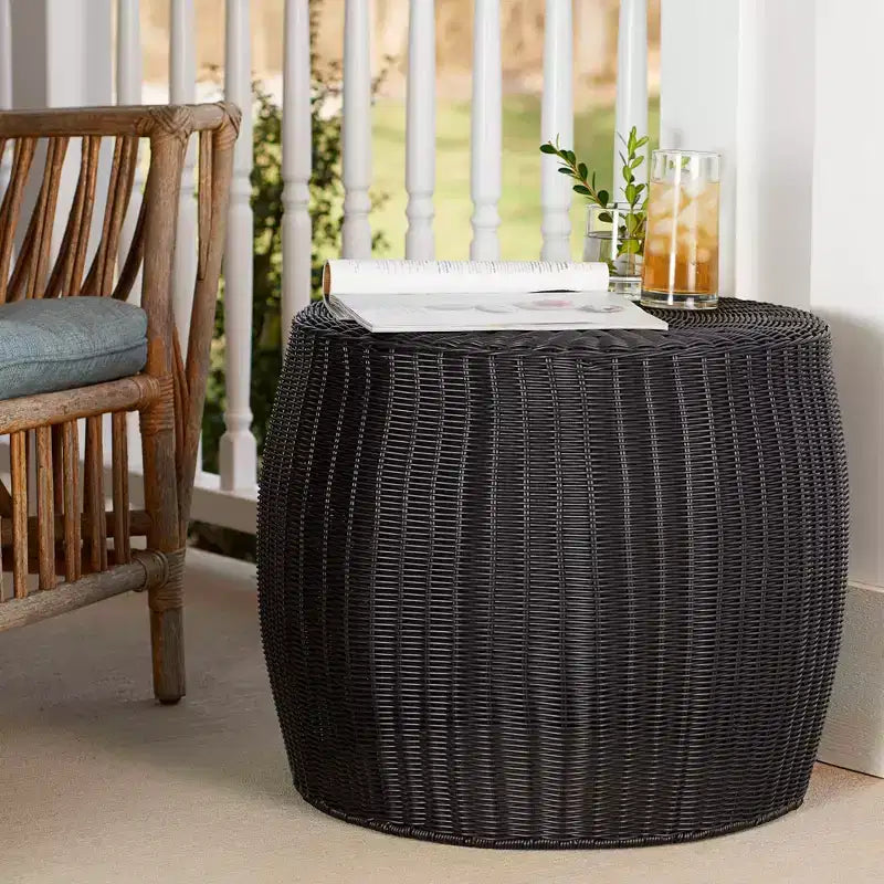 Handwoven Barrel Side Table, Black